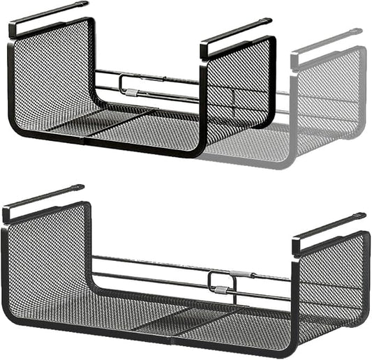 Expandable Under Shelf Basket Organizer, Under Shelf Storage, Hanging Baskets Under Cabinet for Pantry Kitchen Cupboard Desk Counter Bookshelf Space Saver Heavy Duty Slide-in (Black, 2 Pack)