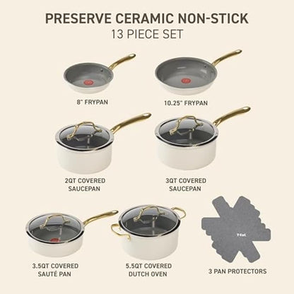 T-fal Preserve Ceramic, Non stick Cookware Set 13-Piece, Oven & Broiler Safe up to 350°F, Includes Stockpot, Saucepans, Frying Pans, Protectors, Pots and Pans, Beige