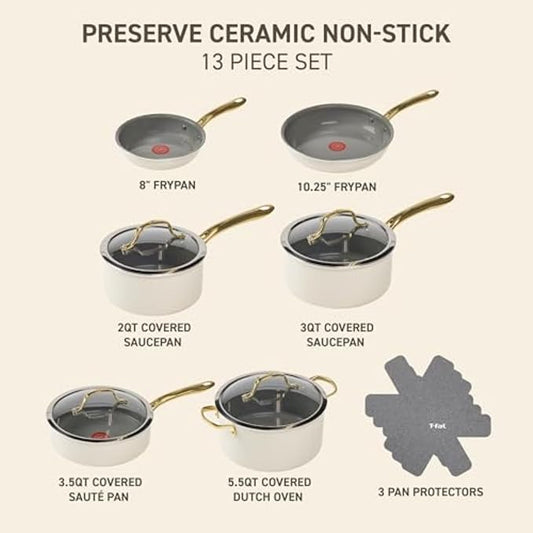 T-fal Preserve Ceramic, Non stick Cookware Set 13-Piece, Oven & Broiler Safe up to 350°F, Includes Stockpot, Saucepans, Frying Pans, Protectors, Pots and Pans, Beige