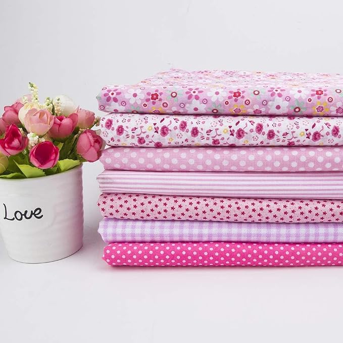 7 pcs 20" x 20" Cotton Fabric DIY Making Supplies Quilting Patchwork Fabric Fat Quarter Bundles DIY for Quilting Cotton Patchwork Cushions (All Pink, 20" x 20")