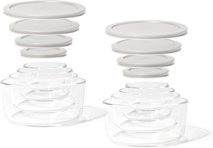 16-Piece Glass Food Storage Containers Set (8 Containers + 8 Lids) | Round, Nesting, Microwave & Dishwasher Safe | BPA-Free, Space-Saving | Grey Lids for Pantry & Kitchen Organization, Grey