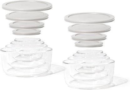 16-Piece Glass Food Storage Containers Set (8 Containers + 8 Lids) | Round, Nesting, Microwave & Dishwasher Safe | BPA-Free, Space-Saving | Grey Lids for Pantry & Kitchen Organization, Grey