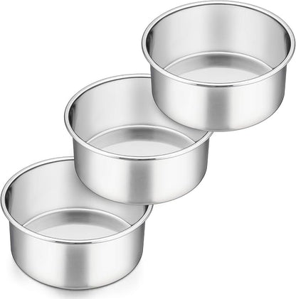 P&P CHEF 6 Inch Cake Pans Set, Round Baking Pan Stainless Steel Layer Birthday Wedding Cake Oven Pans, Non Toxic & Heavy Duty, Deep Side & Mirror Finish, Dishwasher Safe, (3Pcs)