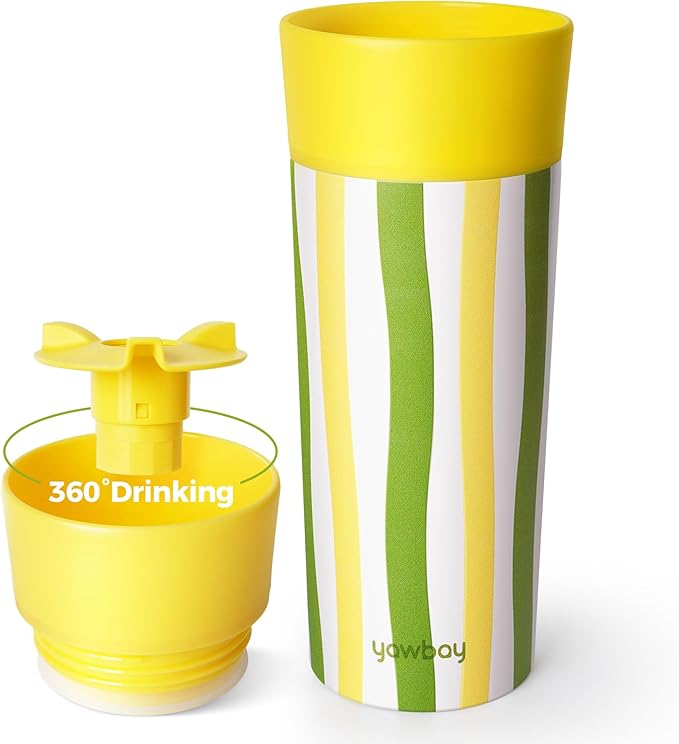Travel Coffee Mug with 360° Lid,12 oz One-Hand Open/Close 360° All-Round Drinking Spout Travel Cup,Leak Spill Proof Vacuum Insulated Stainless Steel Silicone Bottom Coffee Tumbler for Hot Cold Yellow