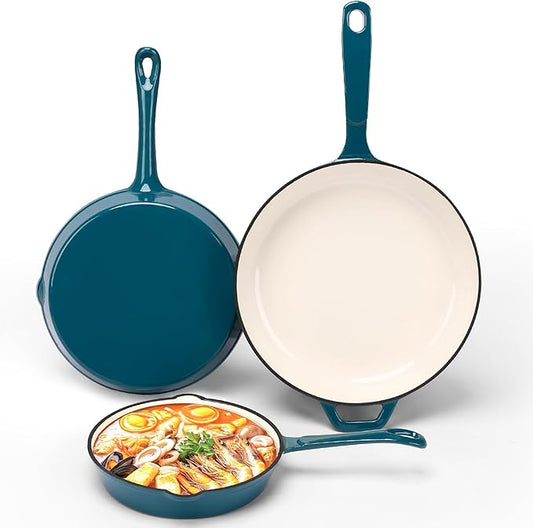 QuliMetal Nonstick Enameled Cast Iron Skillet Set (8", 9.5", 11") - Healthy Non-Toxic, PFOA/PFAS/PTFE-Free, All Stovetops Compatible, Light Cyan, 3-Pieces