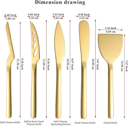Berglander Gold Cheese Knife Set of 5 for All Types of Cheese, Golden Titanium Plating Cheese Cutter Slicer Ergonomic Design for Confortable Grip and Cut, Butter Spreader Knife