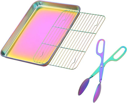 DOCBLACK Baking Sheet with Wire Rack and BBQ Tong Set, Stainless Steel Cookie Sheet Baking Tray & Cooling Rack & 26cm Food Tong for Cooking and Oven, Dishwasher Safe-Rainbow