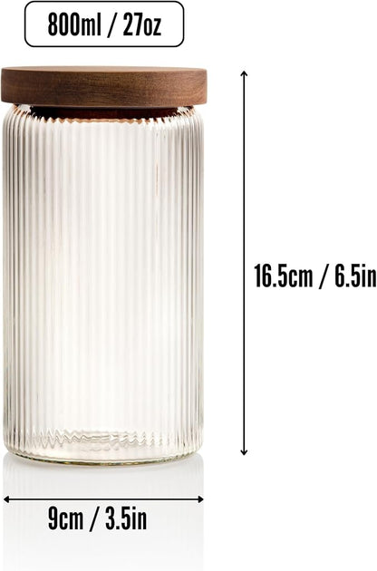 Mason & Fable Ribbed Glass Jar, Stackable & Airtight Wooden Lid- Storage Canister for Cookies, Treats, Tea or Sugar - High End Look for Kitchen, Pantry, Bar or Bathroom -27 fl oz, Single