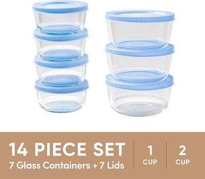 14-Piece Glass Food Storage Containers Set (7 Containers + 7 BPA-Free Lids) | 1-Cup & 2-Cup, Leakproof | Microwave, Freezer, Oven & Dishwasher Safe | Ideal for Meal Prep & Pantry Organization, Blue