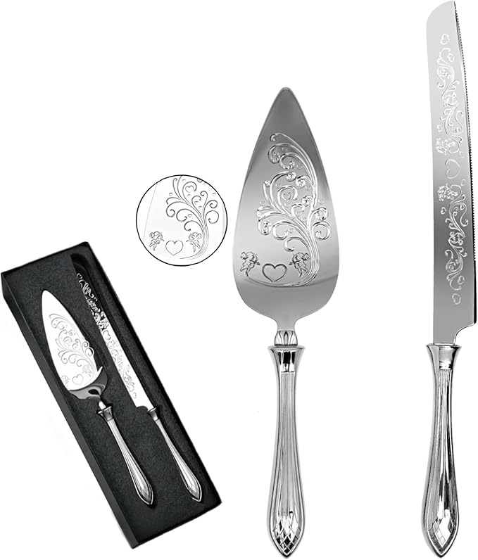 KSENDALO Elegant Wedding Cake Cutting Set with Hollow Handle Cake Knife and Server Set, SUS304(18/8S) Stainless Steel Cutter & Server for Weddings, Birthdays, Parties& Celebrations,13.78 Inch, Silver