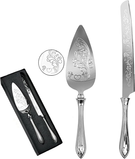 KSENDALO Elegant Wedding Cake Cutting Set with Hollow Handle Cake Knife and Server Set, SUS304(18/8S) Stainless Steel Cutter & Server for Weddings, Birthdays, Parties& Celebrations,13.78 Inch, Silver