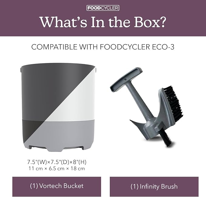 FoodCycler Eco 3 Bucket & Infinity Brush Pack – Kitchen Compost Bin Cleaner & Cleaning Brush Set – Sustainable Food Processor, Trash Can & Recycling Bin Cleaning Supplies & Essential (White)