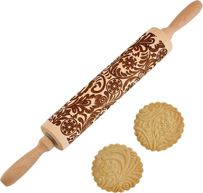 Gobam Embossed Rolling Pin for Cookies, Engraved Wooden Rolling Pin for Baking, Deep Pattern Cookie Roller for Christmas, Holiday, DIY Kitchen Decor and Gift - Snowflake