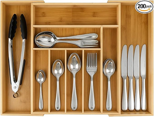 9-Slots Bamboo Drawer Organizers for Kitchen, Expandable Silverware Drawer Organizer, Multipurpose Utensil Organizer for Kitchen Drawers, Large Cutlery Drawer Organizer for Spoons, Forks & Knives