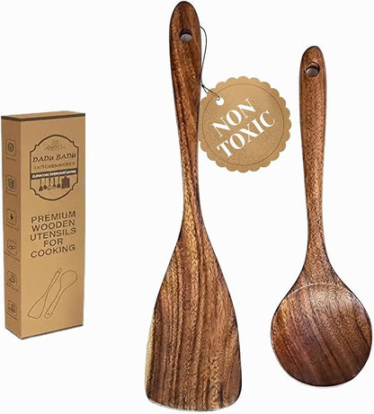 2 Piece Teak Wood Utensils Set– Flat Edge Turner & Serving Spoon – Non Toxic, Dishwasher Safe, Plastic Free Wooden Spatulas for Nonstick Pans – Essential Kitchen Utensils for Cooking"
