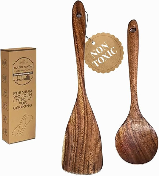 2 Piece Teak Wood Utensils Set– Flat Edge Turner & Serving Spoon – Non Toxic, Dishwasher Safe, Plastic Free Wooden Spatulas for Nonstick Pans – Essential Kitchen Utensils for Cooking"