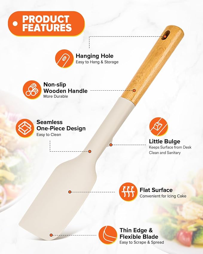 Silicone Heavy-Duty Spatula, Great For Tough Mixing And Stirring, Sturdy Bpa-Free Matte Silicone, Wooden Handle Rubber Scraper For Nonstick Cookwares (KHAKI)