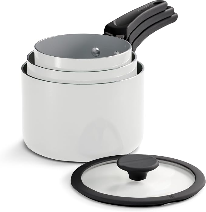 Tramontina Ceramic Non Stick 6-Piece Nesting Sauce Pan Set with Lids - Stackable Nonstick Cookware Set, Dishwasher and Oven Safe, White