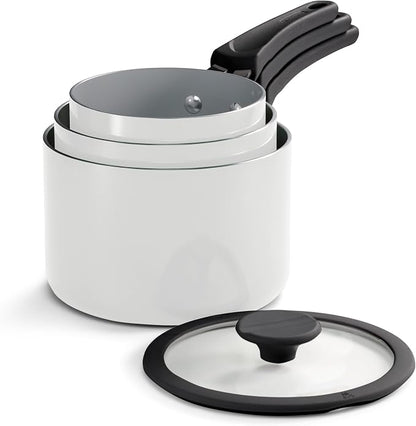 Tramontina Ceramic Non Stick 6-Piece Nesting Sauce Pan Set with Lids - Stackable Nonstick Cookware Set, Dishwasher and Oven Safe, White