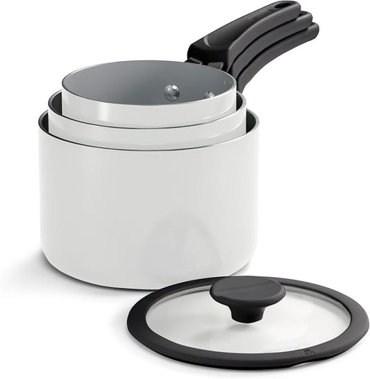 Tramontina Ceramic Non Stick 6-Piece Nesting Sauce Pan Set with Lids - Stackable Nonstick Cookware Set, Dishwasher and Oven Safe, White