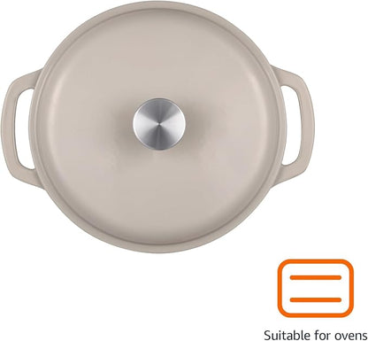 Amazon Basics Cast Iron Dutch Oven Pot with Lid, Enameled, Dual Handles, Round, Heavy-Duty, Medium, 6-Quart, Linen Gray