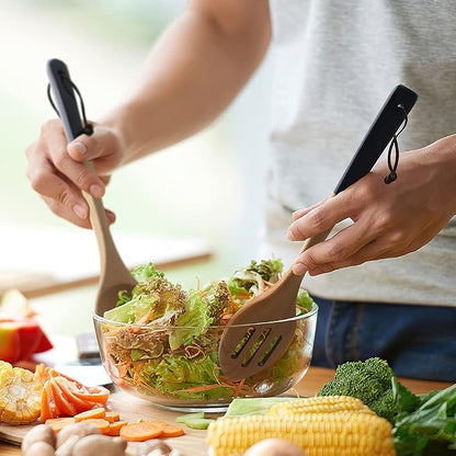 AOOSY Wooden Slotted Spoon for Cooking, 12 Inch Natural Beechwood Spoon | with 4.3 Inch Heat Resistant Rubber Grip Handle, Pointed Head for Scraping, for Mixing Tossing Serving Salad Pasta and Fruits