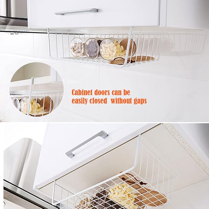 Under Shelf Storage Basket, Hanging Shelf Basket Slides Under Shelves for Storage Metal Under Cabinet Shelf Basket Organizer for Kitchen Pantry Desk Bookshelf (White Pack of 4)