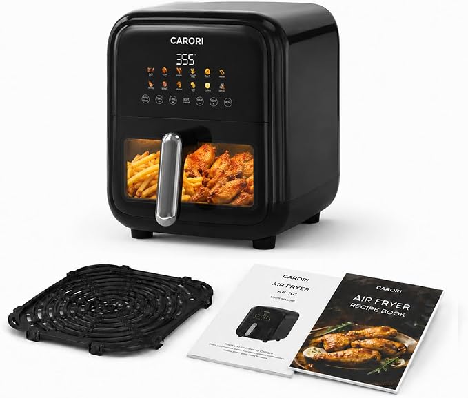 CARORI 7.5 Qt Air Fryer with Viewing Window, 12 Presets and DIY Mode, 1700W, Large Nonstick Dishwasher-Safe Basket, Air Fry, Bake, Roast, Reheat, Dehydrate, Black