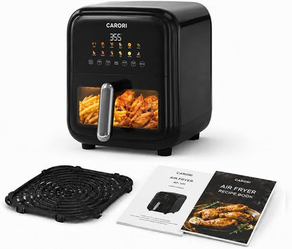 CARORI 7.5 Qt Air Fryer with Viewing Window, 12 Presets and DIY Mode, 1700W, Large Nonstick Dishwasher-Safe Basket, Air Fry, Bake, Roast, Reheat, Dehydrate, Black