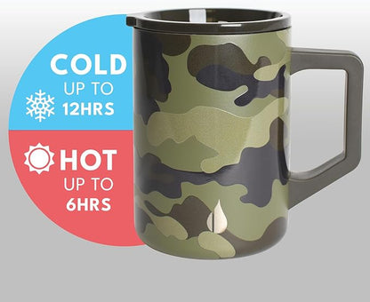 Elemental Insulated Coffee Mug - Triple-Wall Stainless Steel Summit Travel Cup for Hot and Cold Drinks - Thermal Coffee Mug with Lid and Handle for Camping, Office & Travel 16oz - Dark Green Camo
