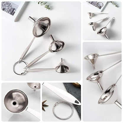 3 in 1 Metal Funnels for Filling Bottles Stainless Steel Small Kitchen Funnel Set for Transferring Essential Oils Liquid Fluid Spice Dry Ingredients Powder, Durable (‎Long-Handled Funnel)