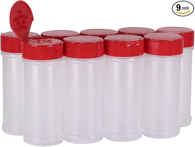 Pinnacle Mercantile Round 5.5 oz. Spice Jars w/Sifter Lids (9-Pack) Clear, Empty, Reusable Containers for Herbs, Seasonings, Confectionary Toppings | Heavy-Duty Plastic