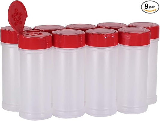 Pinnacle Mercantile Round 5.5 oz. Spice Jars w/Sifter Lids (9-Pack) Clear, Empty, Reusable Containers for Herbs, Seasonings, Confectionary Toppings | Heavy-Duty Plastic