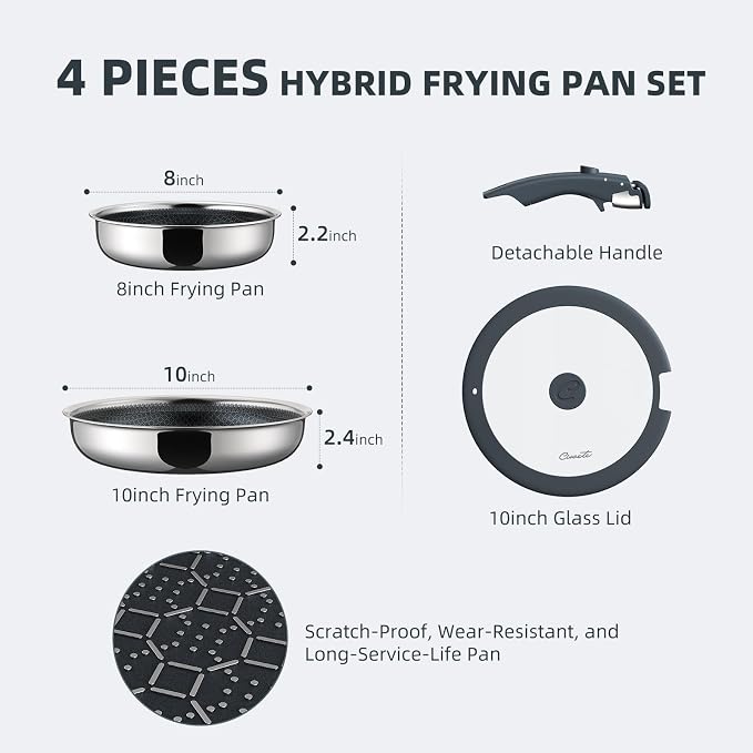 Ciwete Hybrid Non Stick Frying Pans Set 4-Piece, 8 & 10 Inch Tri-Ply Stainless Steel Pans with Lid and Detachable Handle, PFOA Free Skillets for All Cooktops, Dishwasher & Oven-Safe Cookware Set