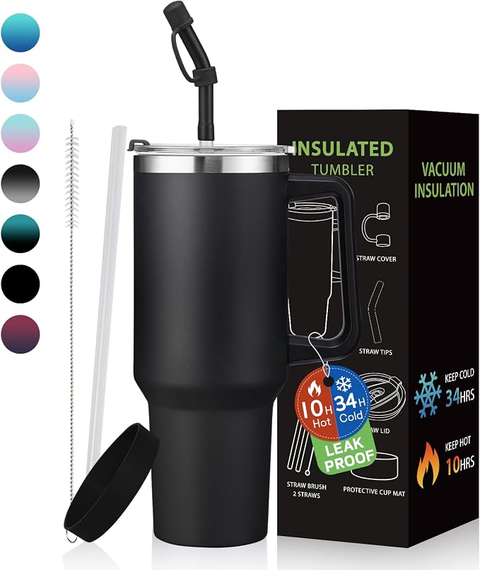 BENZZO Tumbler with Lid and Straw 40oz Stainless Steel Tumblers with Protective Boot & Double Threaded Cap, Thermal Travel Coffee Mug Flask Keeps Cold-34 Hrs for Gym Office, Car Cupholder Friendly