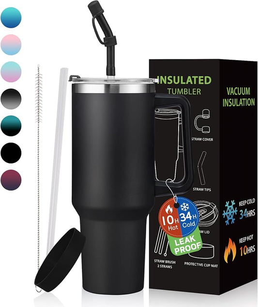 BENZZO Tumbler with Lid and Straw 40oz Stainless Steel Tumblers with Protective Boot & Double Threaded Cap, Thermal Travel Coffee Mug Flask Keeps Cold-34 Hrs for Gym Office, Car Cupholder Friendly