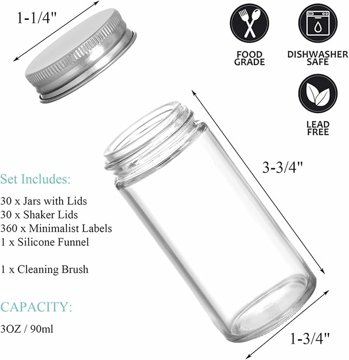 Tebery 30 Pack Round Spice Bottles Jars with Silver Lids, 3oz Empty Glass Spice Containers Shakers Complete Organizer Set Includes Shaker Lids, Wide Funnel, Labels and Cleaning Brush