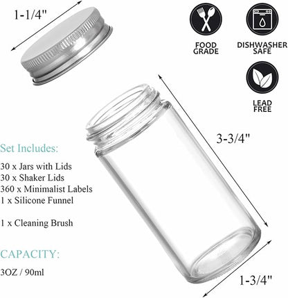 Tebery 30 Pack Round Spice Bottles Jars with Silver Lids, 3oz Empty Glass Spice Containers Shakers Complete Organizer Set Includes Shaker Lids, Wide Funnel, Labels and Cleaning Brush