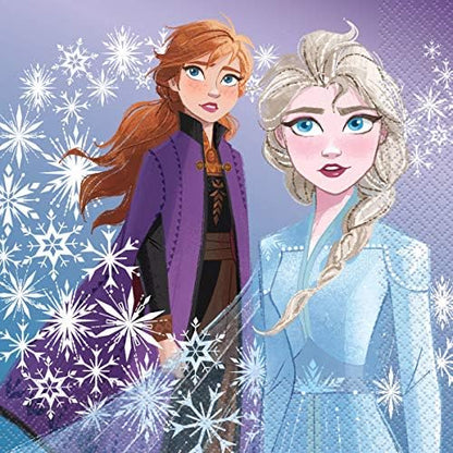 Unique Disney Frozen Elsa Anna Party Supplies Bundle Pack for 16 includes 16 Dessert Plates, 16 Napkins, 16 Cups, 1 Table Cover, 1 Dinosaur Sticker Sheets