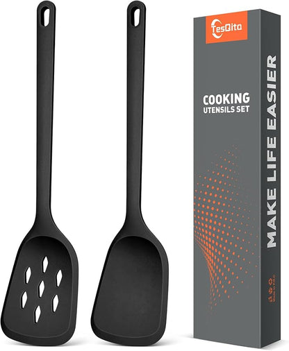 Silicone Cooking Spatula&Slotted Spatulas, Pack of 2,Solid Turner Kitchen Utensils Set for Cooking,Frying, Baking, Flipping, Turning,Heat Resistant 450℉ (BLACK)