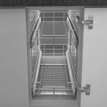 2 Tier Pull Out Cabinet Organizer 14" W X 22" D, Slide Out Drawers For Kitchen Cabinets, Pull Out Drawers For Cabinets Capacity Heavy Duty Caddy, Cabinet Pullout Shelves Chrome-Plated,Bathroom Pantry