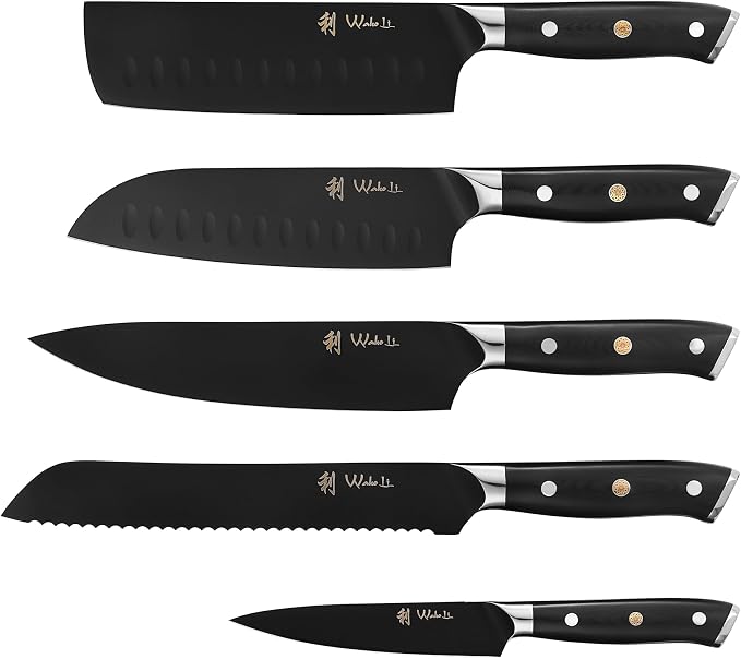Wakoli Titanium Noir Knife Block Set – 5-Piece Chef Knife Set with Magnetic Acacia Block | 5Cr15MoV Stainless Steel Blades with Black Titanium Coating | Ergonomic G10 Handles | Kitchen Knives Gift Set