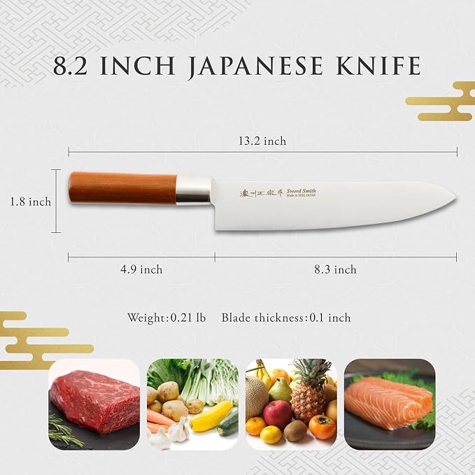 Chef Knife, 8 Inch Japanese knife, 濃州正宗作, Stainless steel, Rubber Wood Handle, Kitchen knife, HOUCHO