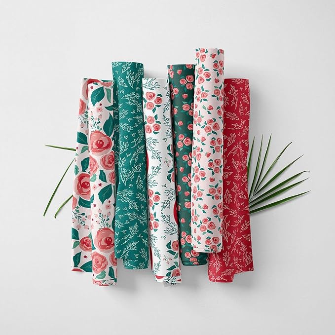 Floral Patchwork Fabric Panel 100x155 cm – 100% Cotton Satin, 6 Coordinated Rose & Botanical Prints on One Continuous Sheet (Assorted Floral & Botanical Prints, 6pcs 50x50cm)