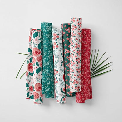 Floral Patchwork Fabric Panel 100x155 cm – 100% Cotton Satin, 6 Coordinated Rose & Botanical Prints on One Continuous Sheet (Assorted Floral & Botanical Prints, 6pcs 50x50cm)