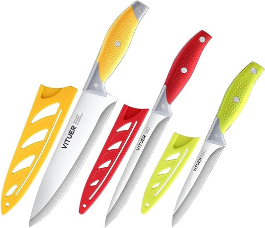 VITUER Chef Knife, 3PCS Kitchen Knife, Multicolor Stainless Steel Sharp Chef Knife Set (3Pack, Yellow, Red, Green)