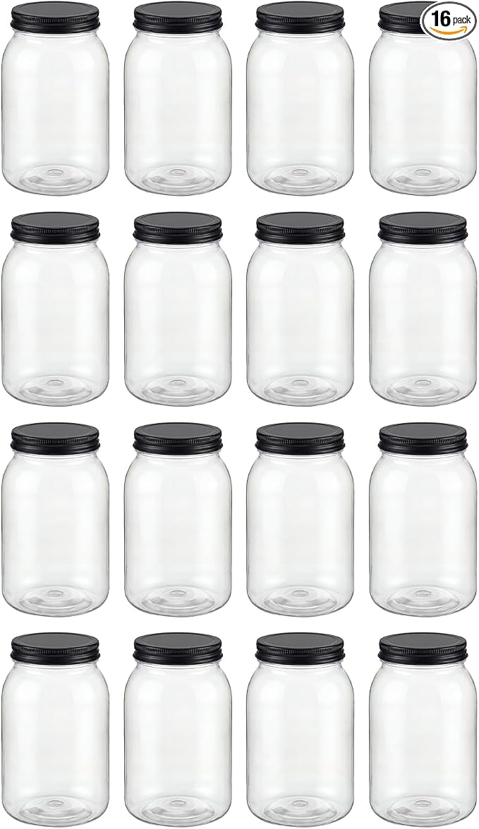novelinks 32 oz Mason Jars with Plastic Lids, 16 Pack Large Plastic Salad Jars with Lids 32oz, Reusable Spice Containers & Kitchen Jars for Pantry Organization (16 Pack,Black)