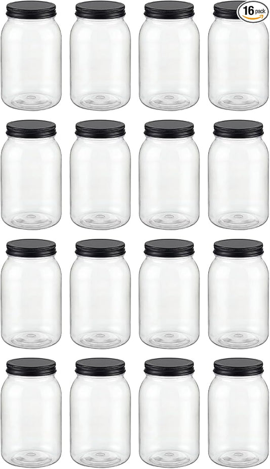 novelinks 32 oz Mason Jars with Plastic Lids, 16 Pack Large Plastic Salad Jars with Lids 32oz, Reusable Spice Containers & Kitchen Jars for Pantry Organization (16 Pack,Black)