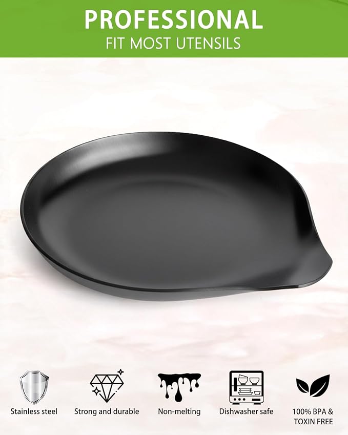 VanlonPro Stainless Steel Spoon Rest, Spatula Ladle Holder, Stainless Steel Utensil Spoon Rest Holder, Brushed Finish, Dishwasher Safe 5.9 x 5.1 Inch (Round Black 1PC)