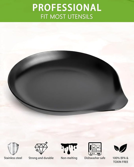 VanlonPro Stainless Steel Spoon Rest, Spatula Ladle Holder, Stainless Steel Utensil Spoon Rest Holder, Brushed Finish, Dishwasher Safe 5.9 x 5.1 Inch (Round Black 1PC)